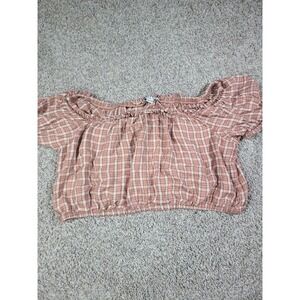 AE Pink Orange Plaid Smocked Peasant Crop Top Off Shoulder XL